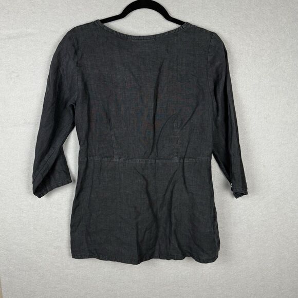 Goddess Gear Black Top Organic Linen Lagenlook Hippie Button Up Shirt Size S - Picture 7 of 7